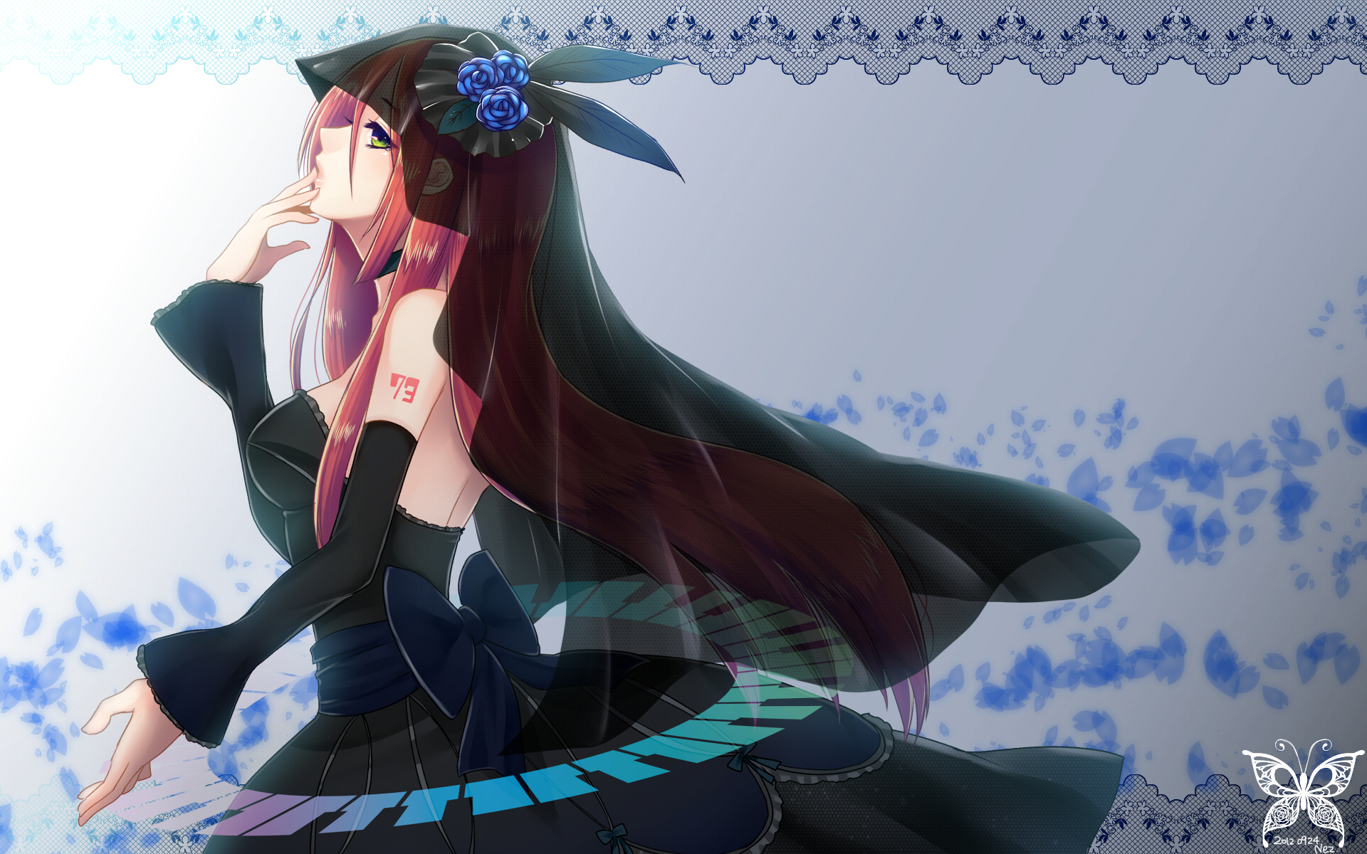 vocaloid, Namine, Ritsu, Utau, Veil, Roses, Feathers, Bow, Black, Dress, Red, Number, Figure Wallpaper