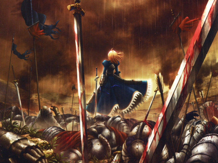 fate, Zero, Anime, Sword, Rain, Saber, Arturia, Pendragon, Blood HD Wallpaper Desktop Background