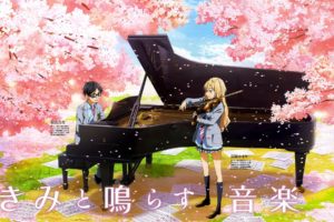 anime, Series, Girl, Male, Piano, Violin, Music, Sakura, Couple
