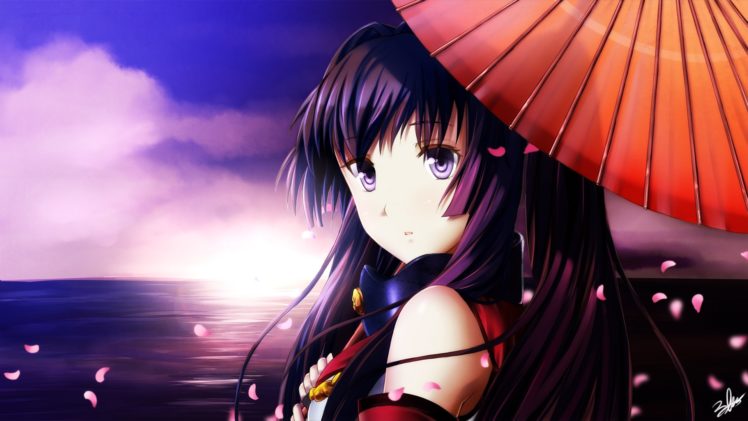 kantai, Collection, Long, Hair, Petals, Signed, Sky, Umbrella, Water, Yamato,  kancolle HD Wallpaper Desktop Background