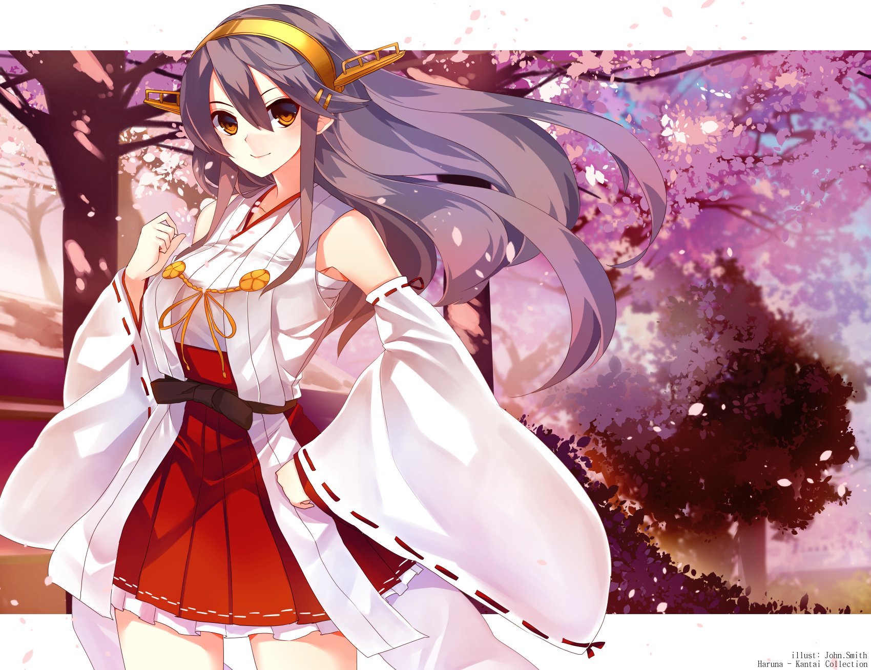 haruna,  kancolle , Headband, Japanese, Clothes, John, Smith, Kantai, Collection, Long, Hair, Miko, Orange, Eyes, Skirt Wallpaper