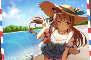 bow, Breasts, Brown, Hair, Cleavage, Dress, Hat, Long, Hair, Love, Live , School, Idol, Project, Minami, Kotori, Necklace, Water, Wink, Yellow, Eyes, Zhanzheng, Zi