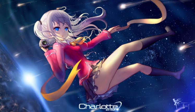 blue, Eyes, Camera, Charlotte, Hc, Kneehighs, Logo, Long, Hair, Skirt, Space, Stars, Tomori, Nao, Twintails HD Wallpaper Desktop Background