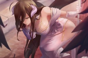 albedo, Breasts, Brown, Eyes, Brown, Hair, Cleavage, Cropped, Elbow, Gloves, Feathers, Horns, Johnson, Zhuang, Long, Hair, No, Bra, Overlord