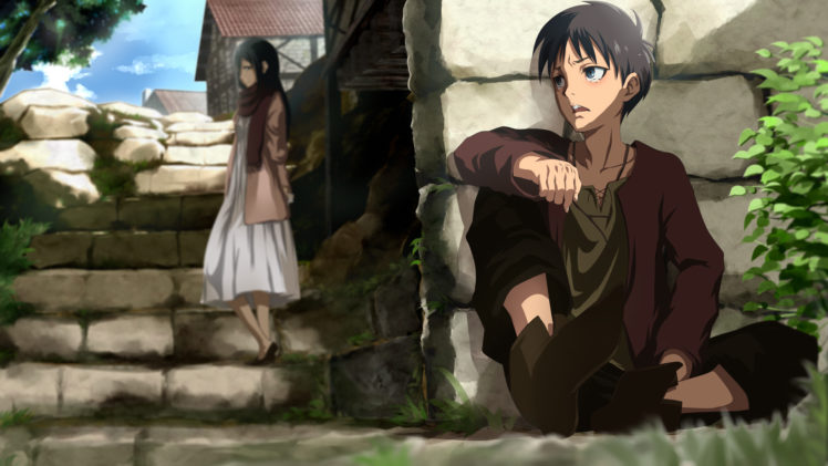 eren, Jaeger, Mikasa, Ackerman, Poker face 008, Shingeki, No, Kyojin, Stairs, Tears HD Wallpaper Desktop Background