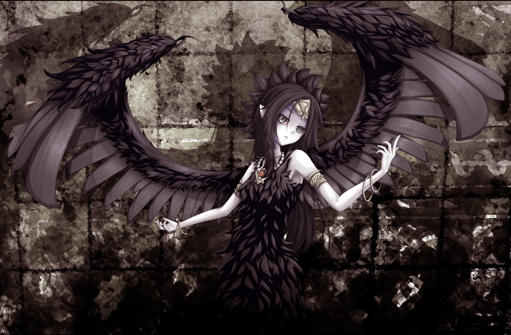 black, Hair, Dress, Fabled, Grimro, Feathers, Necklace, Wings, Yu gi oh Wallpaper