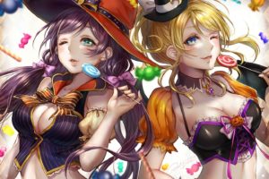 girls, Aqua, Eyes, Ayase, Eri, Blonde, Hair, Blue, Eyes, Bow, Breasts, Candy, Cleavage, Halloween, Hat, Lma, Lollipop, Long, Hair, Purple, Hair, Twintails, Wink, Witch, Hat