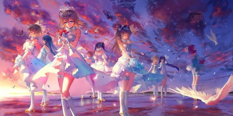 animal, Ayase, Eri, Bird, Clouds, Criin,  659503 , Group, Hoshizora, Rin, Minami, Kotori, Nishikino, Maki, Sky, Sonoda, Umi, Sunset, Toujou, Nozomi, Yazawa, Nico HD Wallpaper Desktop Background