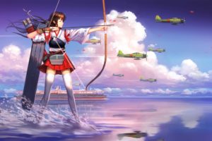 aircraft, Akagi,  kancolle , Bow,  weapon , Brown, Hair, Clouds, Japanese, Clothes, Liang, Xing, Long, Hair, Sky, Thighhighs, Water, Weapon, Zettai, Ryouiki
