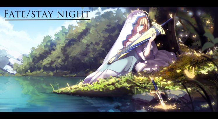 fate, Stay, Night, Leaves, Magicians, Saber, Sword, Tree, Water, Weapon HD Wallpaper Desktop Background