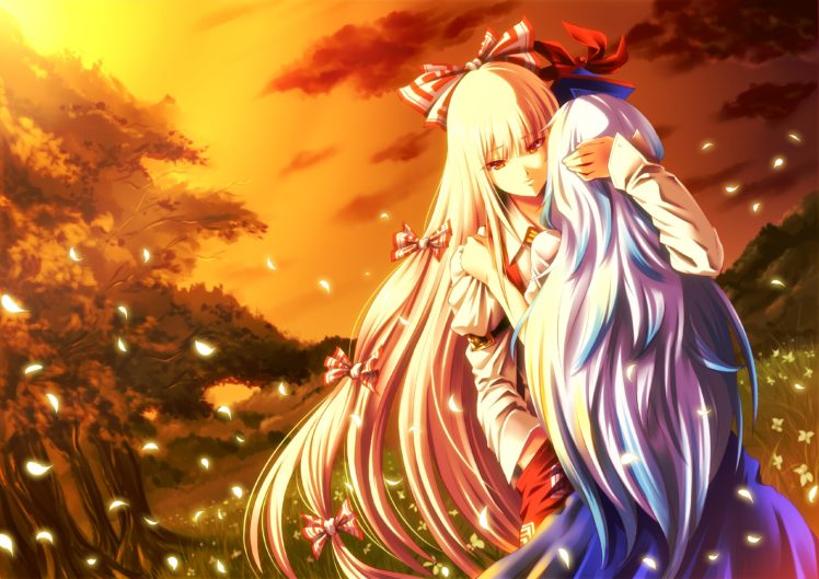 girls, Bow, Flowers, Fujiwara, No, Mokou, Grass, Hijikawa, Arashi, Hug, Kamishirasawa, Keine, Long, Hair, Petals, Sunset, Touhou, Tree HD Wallpaper Desktop Background