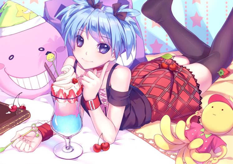 male, Ansatsu, Kyoushitsu, Blue, Eyes, Blue, Hair, Cherry, Food, Fruit, Hmniao, Ice, Cream, Male, Shiota, Nagisa, Skirt, Strawberry, Thighhighs, Trap, Wristwear HD Wallpaper Desktop Background