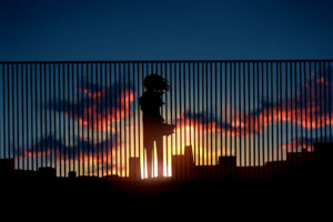 anime, Sunset, Fence, Silhouette, Original