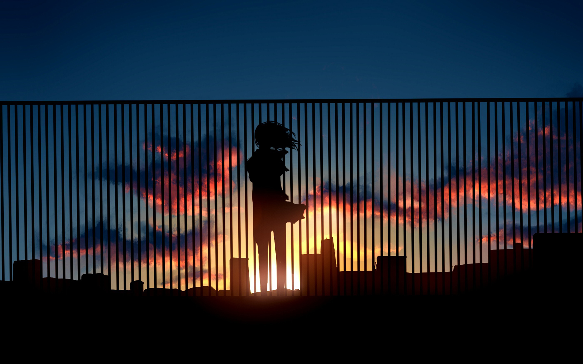 anime, Sunset, Fence, Silhouette, Original Wallpaper