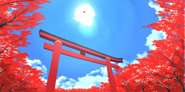 clouds, Inubashiri, Momiji, Seu,  hutotomomo , Sky, Torii, Touhou, Tree HD Wallpaper Desktop Background