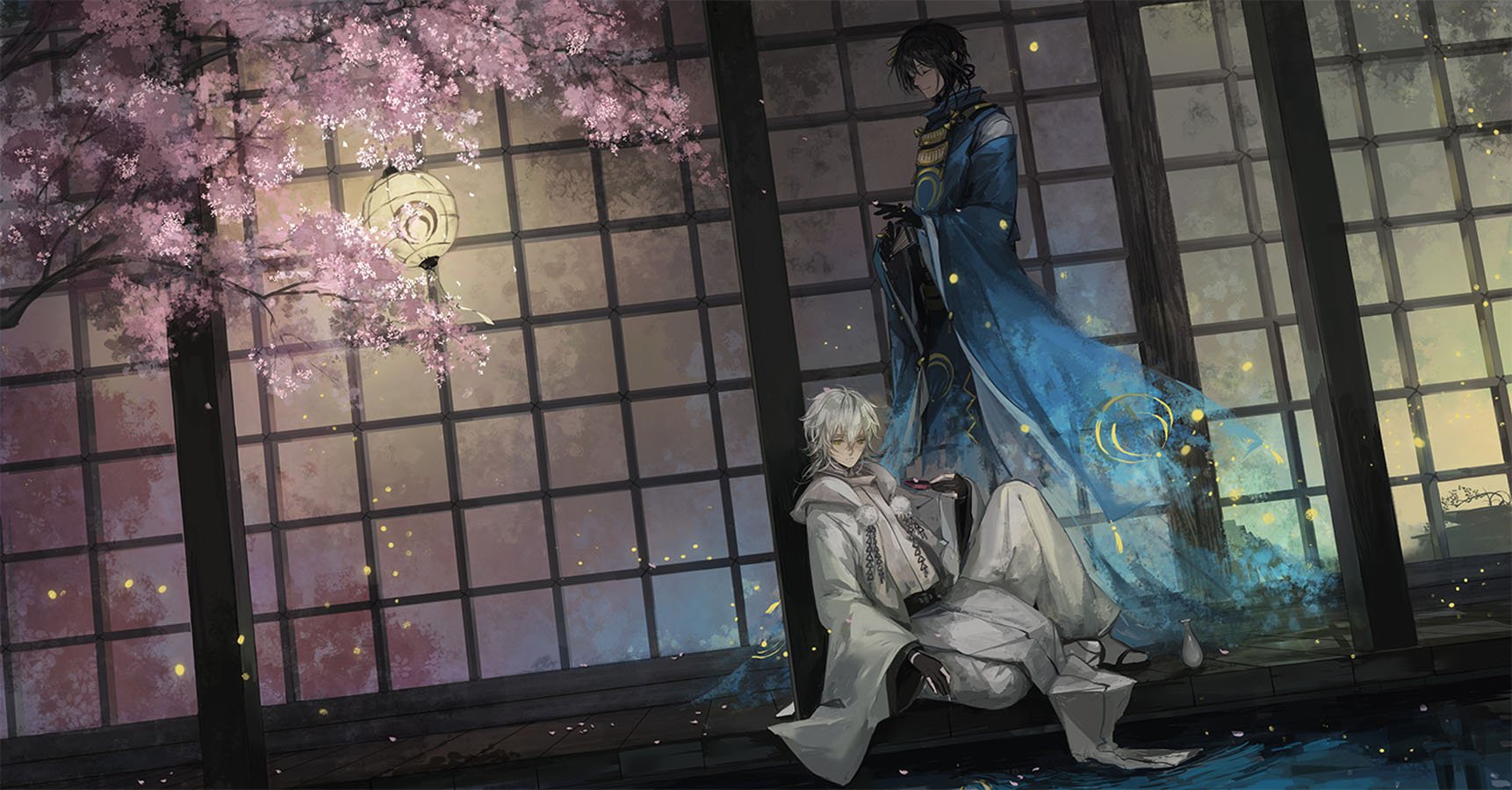 anime, Male, Anthropomorphism, Black, Hair, Cherry, Blossoms, Drink, Gloves, Japanese, Clothes, Lily, Fairy, Male, Petals, Touken, Ranbu, Water, White, Hair Wallpaper