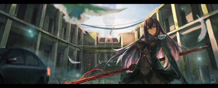 armor, Bodysuit, Building, Car, Fate, Grand, Order, Feathers, Lancer,  fate, Grand, Order , Long, Hair, Purple, Hair, Red, Eyes, Skintight, Spear, Weapon, Xkc HD Wallpaper Desktop Background
