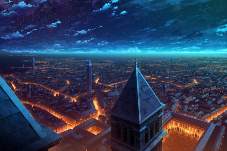 city, Clouds, Kami,  yoshipt0716 , Night, Nobody, Original, Scenic, Sky, Stars, Water HD Wallpaper Desktop Background