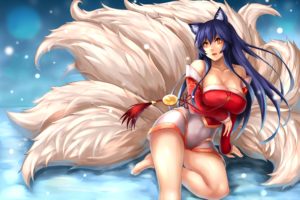 ahri,  league, Of, Legends , Animal, Ears, Barefoot, Blue, Hair, Breasts, Cleavage, Foxgirl, League, Of, Legends, Multiple, Tails, Orange, Eyes, Tail, Yashichii