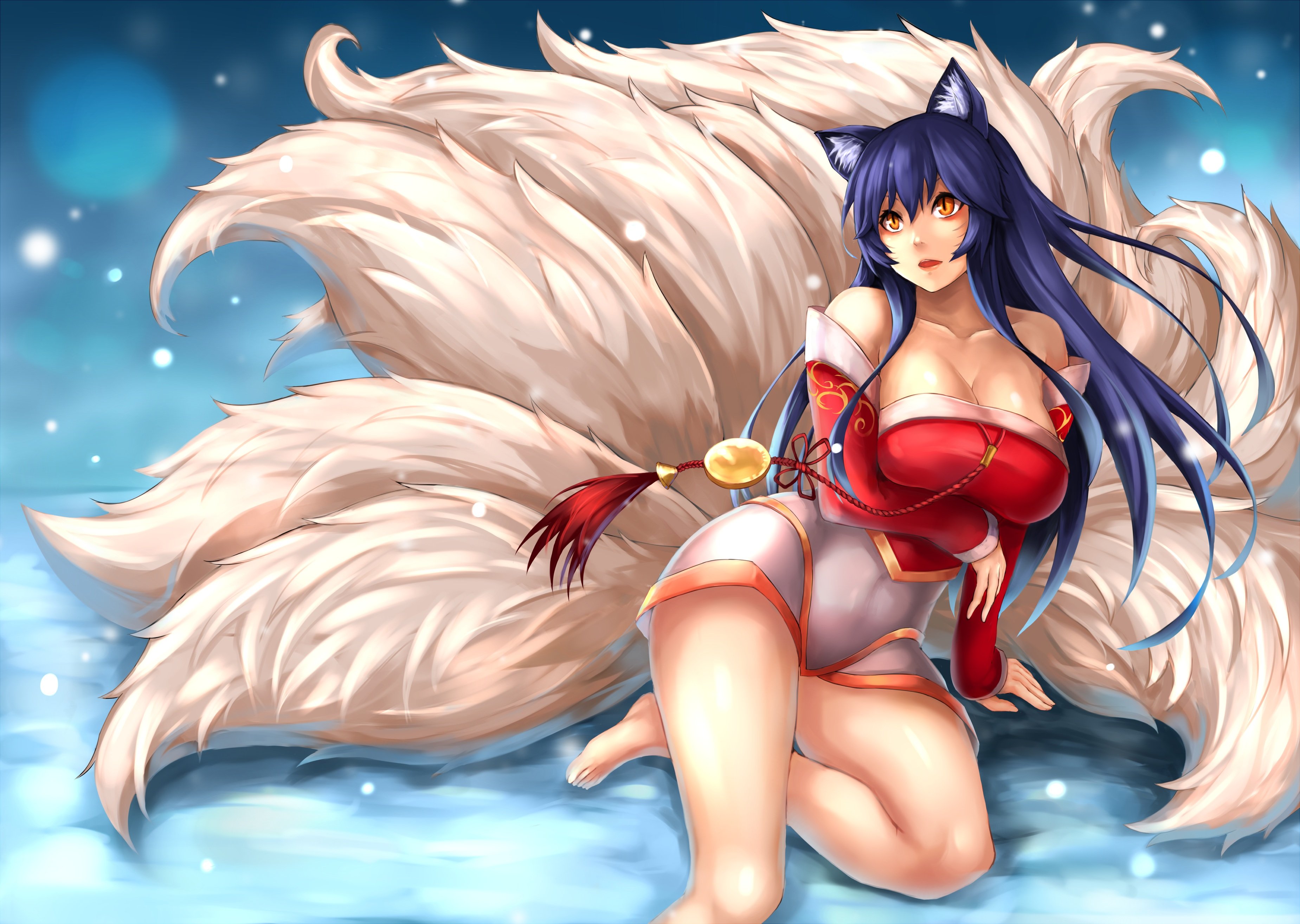 ahri, league, Of, Legends , Animal, Ears, Barefoot, Blue, Hair, Breasts, Cl...
