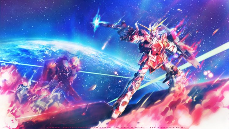 blue, Earth, Fire, Gun, Mecha, Mobile, Suit, Gundam, Mobile, Suit, Gundam, Unicorn, Pink, Planet, Robot, Rx 0, Unicorn, Gundam, Space, Stars, Weapon HD Wallpaper Desktop Background