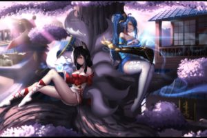 girls, Ahri,  league, Of, Legends , Animal, Ears, Breasts, Cleavage, Dress, Hk,  zxd0554 , League, Of, Legends, Sona, Buvelle, Tail, Thighhighs, Tree