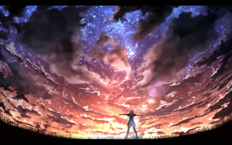 clouds, Grass, Kigumo, Tyou, Original, Scenic, Sky, Stars HD Wallpaper Desktop Background