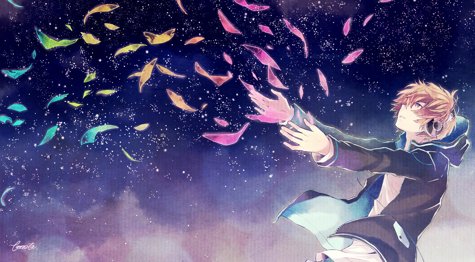anime, Boy, Sky, Night, Headphone, Music Wallpaper