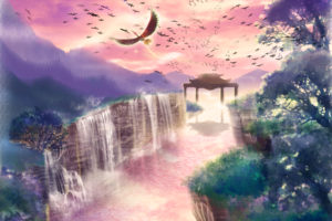 pokemon, Animal, Bird, Clouds, Grass, Ho oh, Newtop, Pokemon, Scenic, Sky, Sunset, Tree, Water, Waterfall, Wings