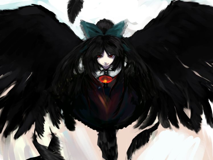 touhou, Feathers, Reiuji, Utsuho, Sinzan, Wings HD Wallpaper Desktop Background