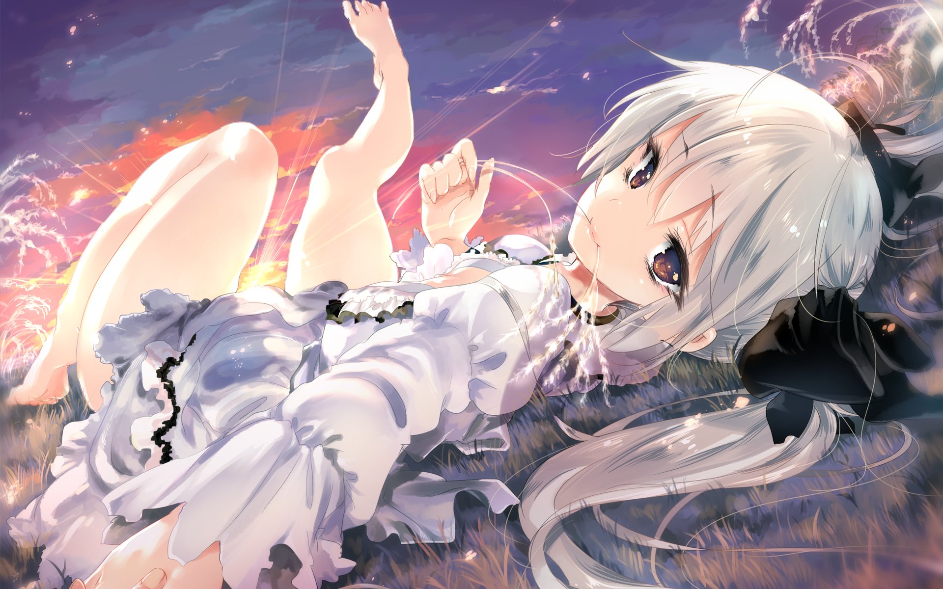 anime, Girl, Beautiful, Barefoot, Brown, Eyes, Dress, Long, Hair, Ribbon, Sky, Smile, Sunset, Twin, Tails, White, Hair, Yosuga, No, Sora Wallpaper