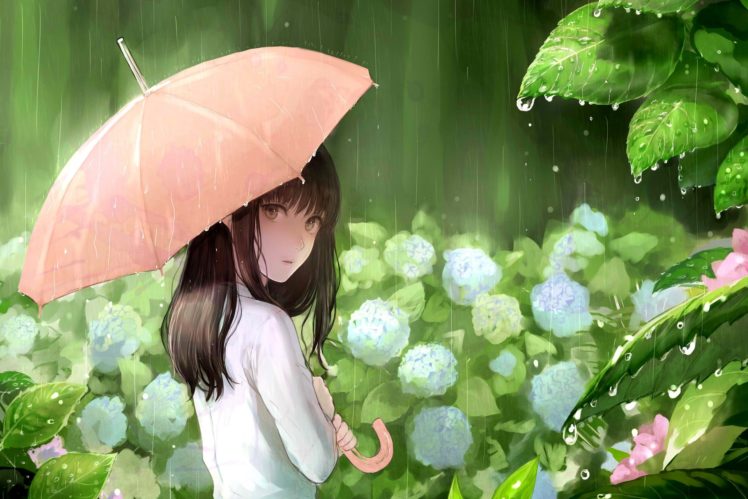 anime, Girl, Umbrella, Flower, Pretty, Cute, Spring, Rain HD Wallpaper Desktop Background