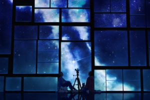 tamagosho, Anime, Blue, Sky, Stars, Telescope, Night, Window
