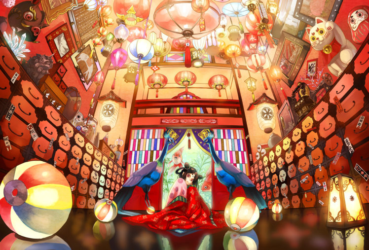 original, Animal, Bird, Fish, Japanese, Clothes, Kimono, Kirinosuke, Pink, Eyes HD Wallpaper Desktop Background