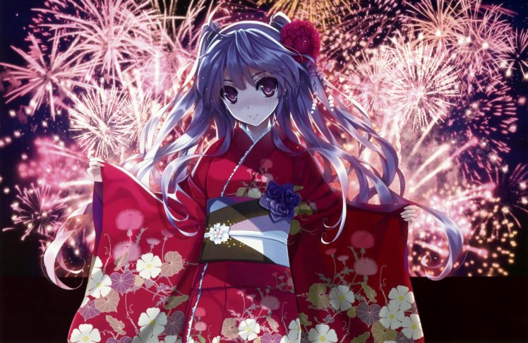 original, Blush, Fireworks, Japanese, Clothes, Kimono, Kuroya, Shinobu, Long, Hair HD Wallpaper Desktop Background