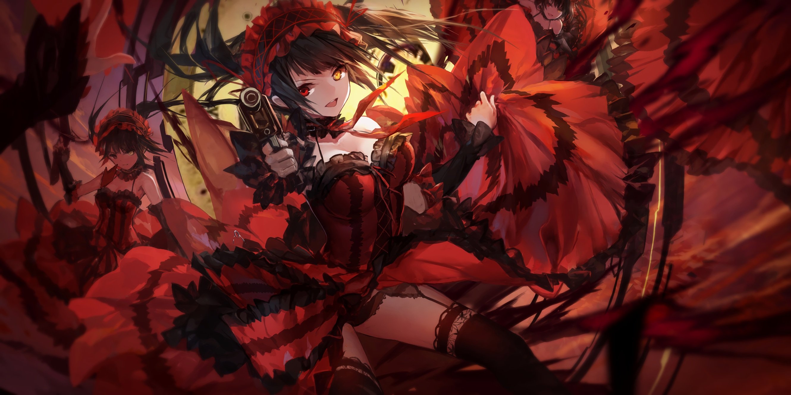 bicolored, Eyes, Black, Hair, Date, A, Live, Dress, Garter, Belt, Gun