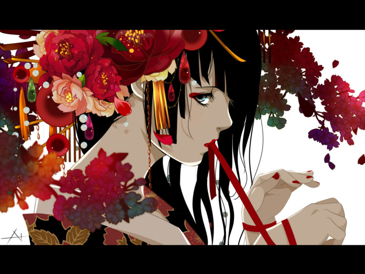 original, Black, Eyes, Black, Hair, Flowers, Japanese, Clothes, Kimono, Nanasie HD Wallpaper Desktop Background