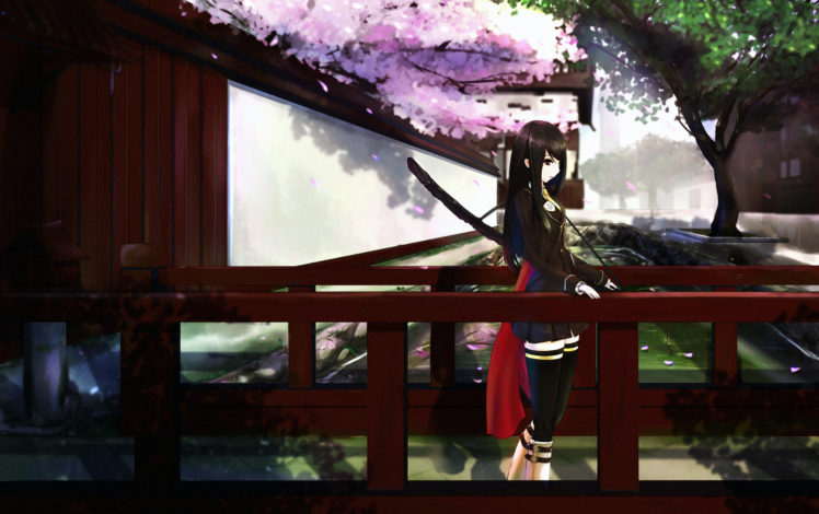 original, Black, Hair, Cherry, Blossoms, Katana, Kikivi, Long, Hair, Sword, Thighhighs, Weapon HD Wallpaper Desktop Background