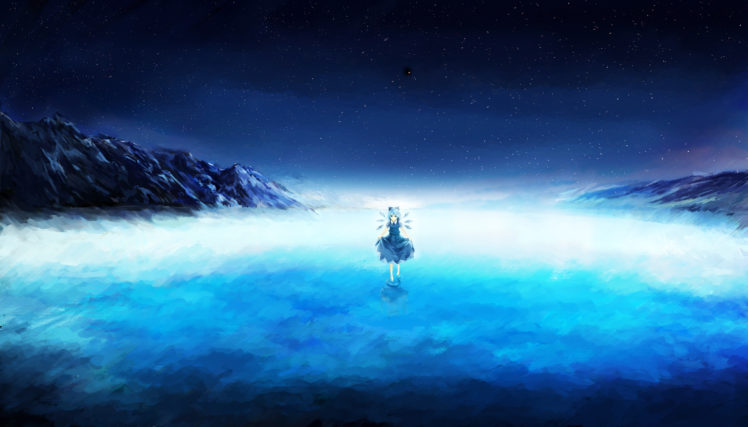 touhou, Barefoot, Blue, Eyes, Blue, Hair, Cirno, Dress, Night, Qunqing, Scenic, Sky, Stars, Touhou, Water, Wings HD Wallpaper Desktop Background