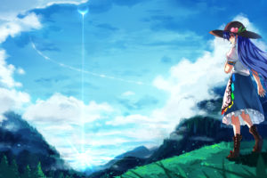 touhou, Blue, Hair, Clouds, Dress, Grass, Haraguroi, You, Hat, Hinanawi, Tenshi, Long, Hair, Red, Eyes, Scenic, Sky
