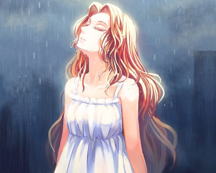 rain, Anime, Girl, Long, Hair, Beauty, Dress HD Wallpaper Desktop Background