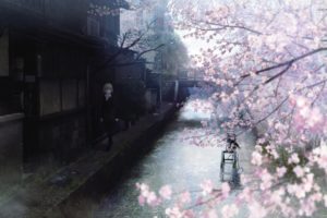 anime, Tree, Sakura, River, Girl