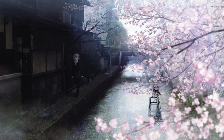 anime, Tree, Sakura, River, Girl HD Wallpaper Desktop Background