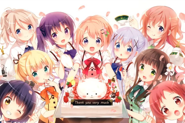 aoyama, Midori, Cake, Food, Group, Hoto, Kokoa, Hoto, Moka, Jouga, Maya, Kafuu, Chino, Kirima, Sharo, Koi, Natsu, Megumi, Scan, Tedeza, Rize, Ujimatsu, Chiya, Waitress HD Wallpaper Desktop Background