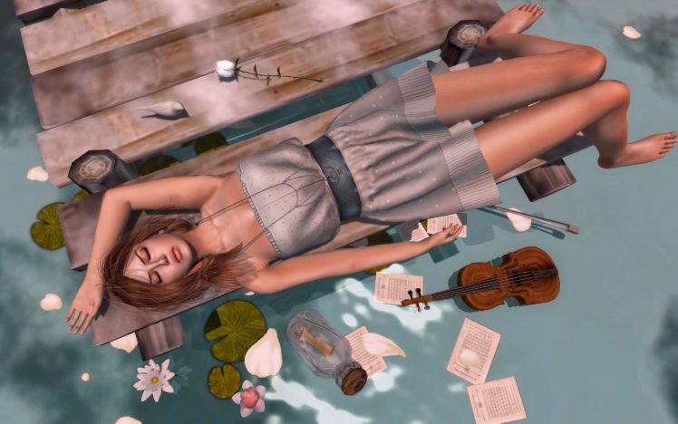 girl, Water, Violin, Flowers, Fantasy, Girl, Mood HD Wallpaper Desktop Background