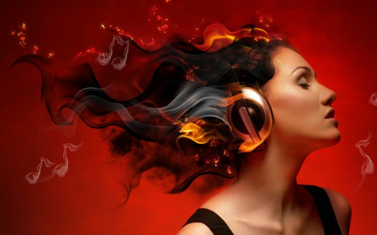 girl, Profile, Creative, Headphones, Smoke, Fire, Charm HD Wallpaper Desktop Background
