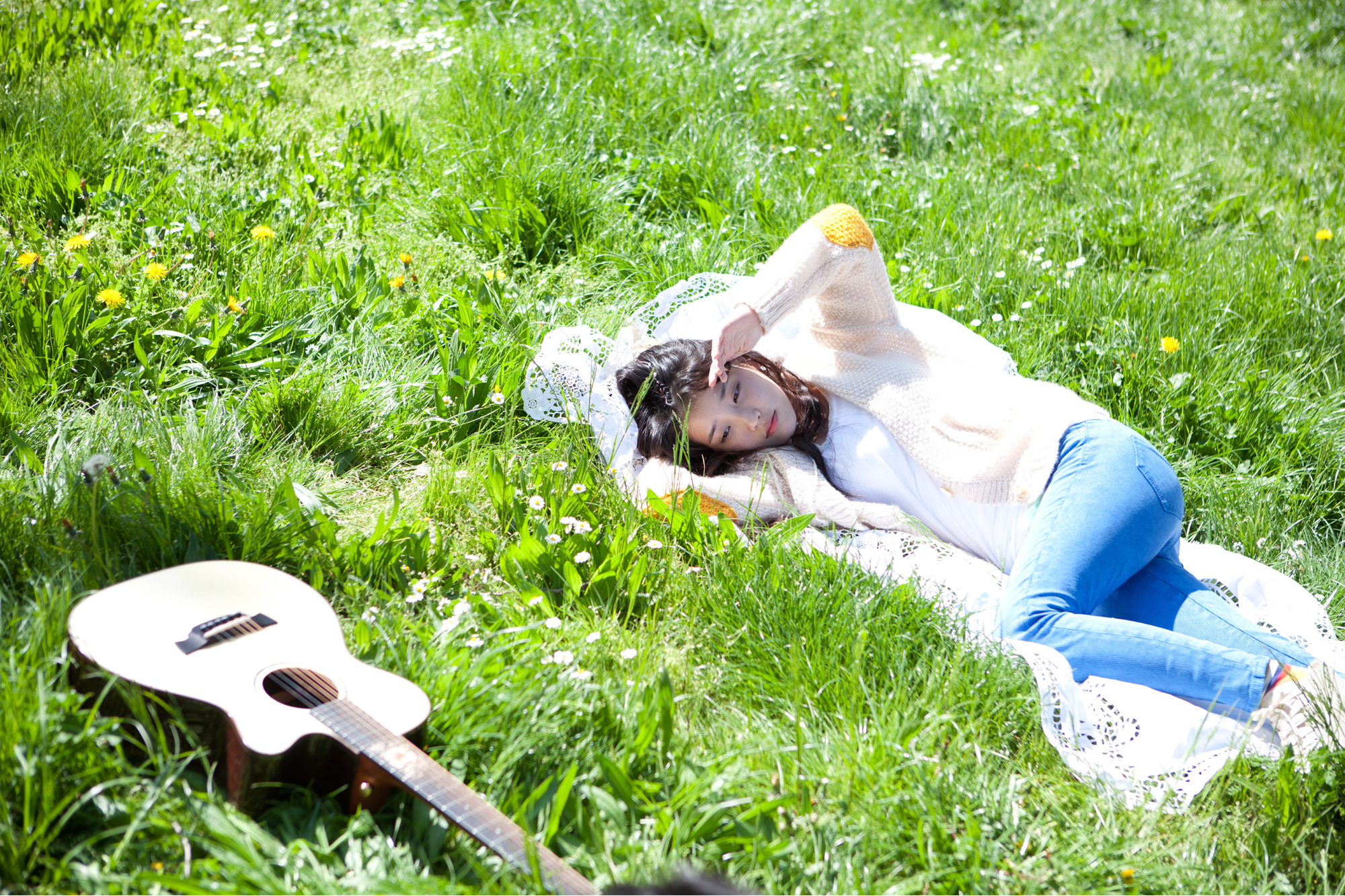 asian, Guitar, Grass, Girls Wallpaper