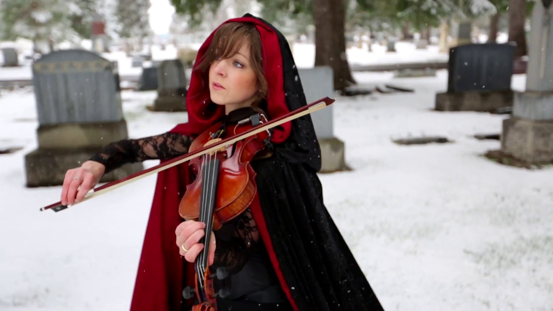 lindsey, Stirling, Violinist, Winter, Cemetery, Grave, Women, Brunettes, Violin Wallpaper