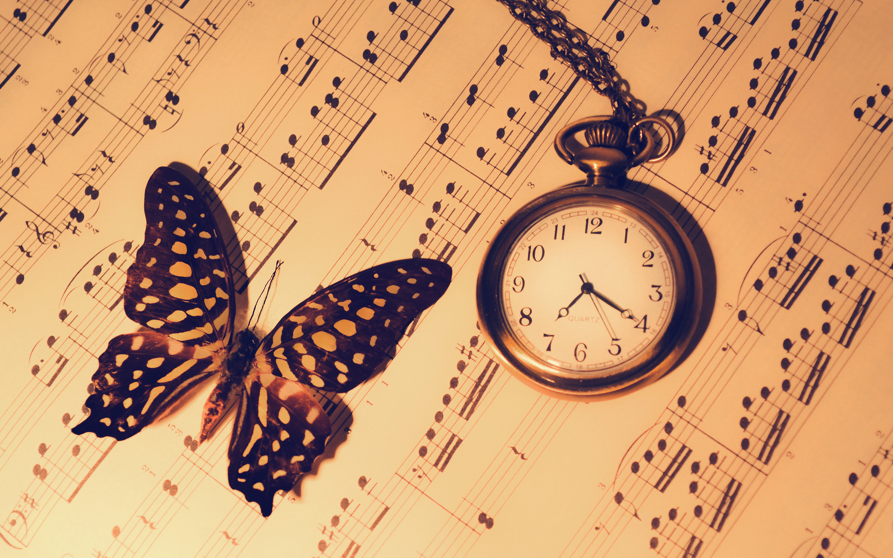 notes, Butterfly, Watch, Clock, Warm, Bokeh Wallpaper