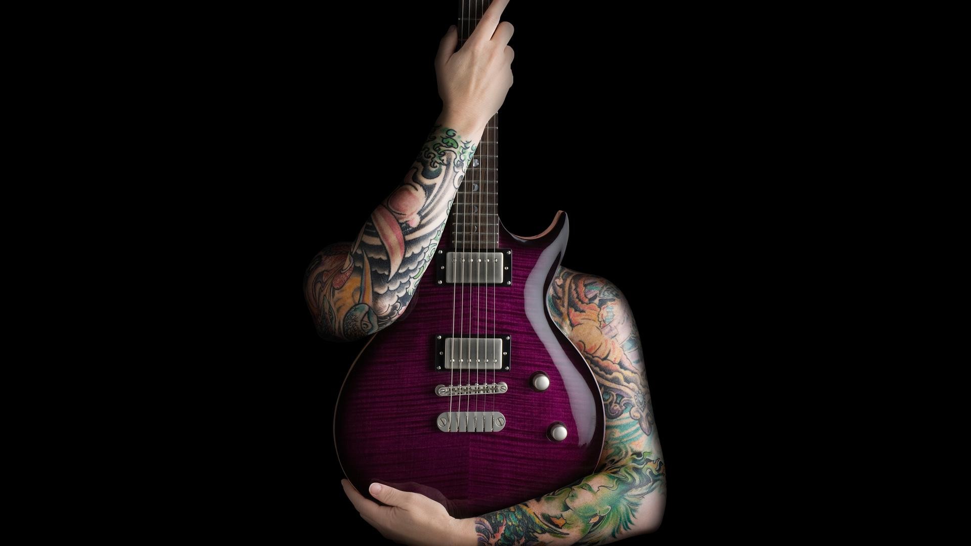 guitar, Tattoos, Black Wallpaper